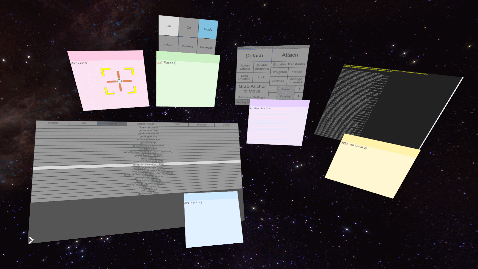 A handful of VR overlays, labeled by virtual sticky notes